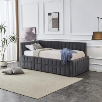 Popielate łóżko z chowanym materacem jednoosobowe