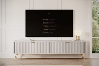 Beżowa szafka RTV z zaokrąglonymi bokami