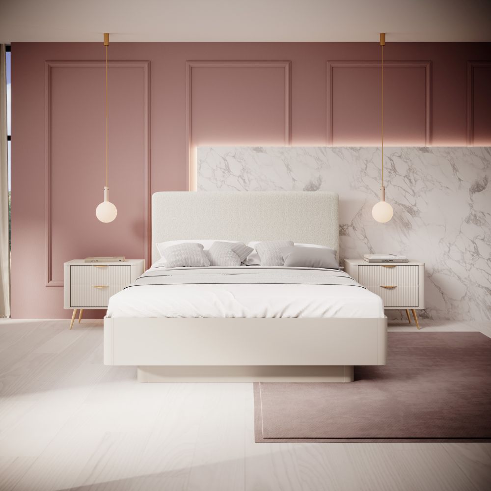 Beżowe łóżko z zaokraglonymi rogami