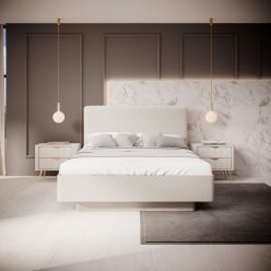 Beżowe łóżko sypialniane z zaokraglonymi bokami