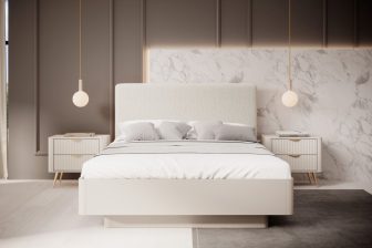 Beżowe łóżko sypialniane z zaokraglonymi bokami