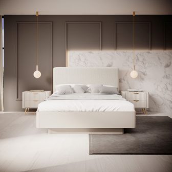 Beżowe łóżko sypialniane z zaokraglonymi bokami