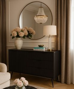 Czarna komoda z obłymi bokami na wysokich nogach