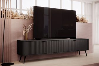 Czarna szafka RTV 200 cm z zaokrąglonymi bokami na czarnych nogach