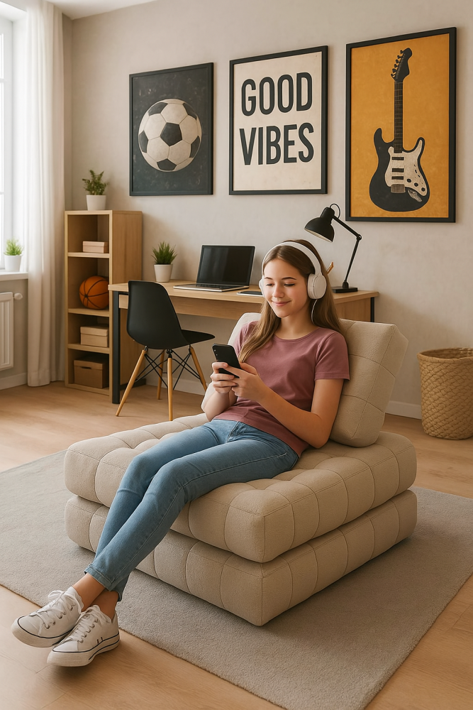 Designerski fotel do spania dla nastolatki