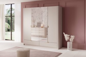 Duża szafa beżowa z zaokrąglonymi bokami z lustrami