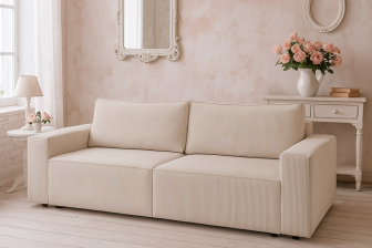 Beżowa sofa z dużą powierzchnią spania i z dwoma pojemnikami na pościel