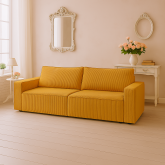 Miodowa sofa z dużą powierzchnią spania i z dwoma pojemnikami na pościel