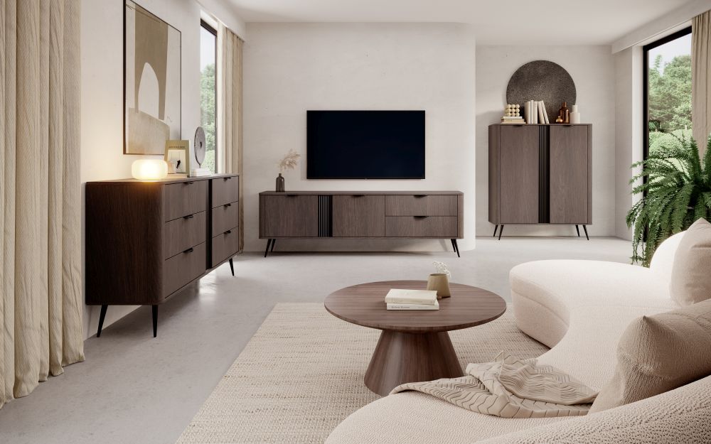 Meble do salonu ciemny brąz na wysokich nogach z zaoblonymi rantami