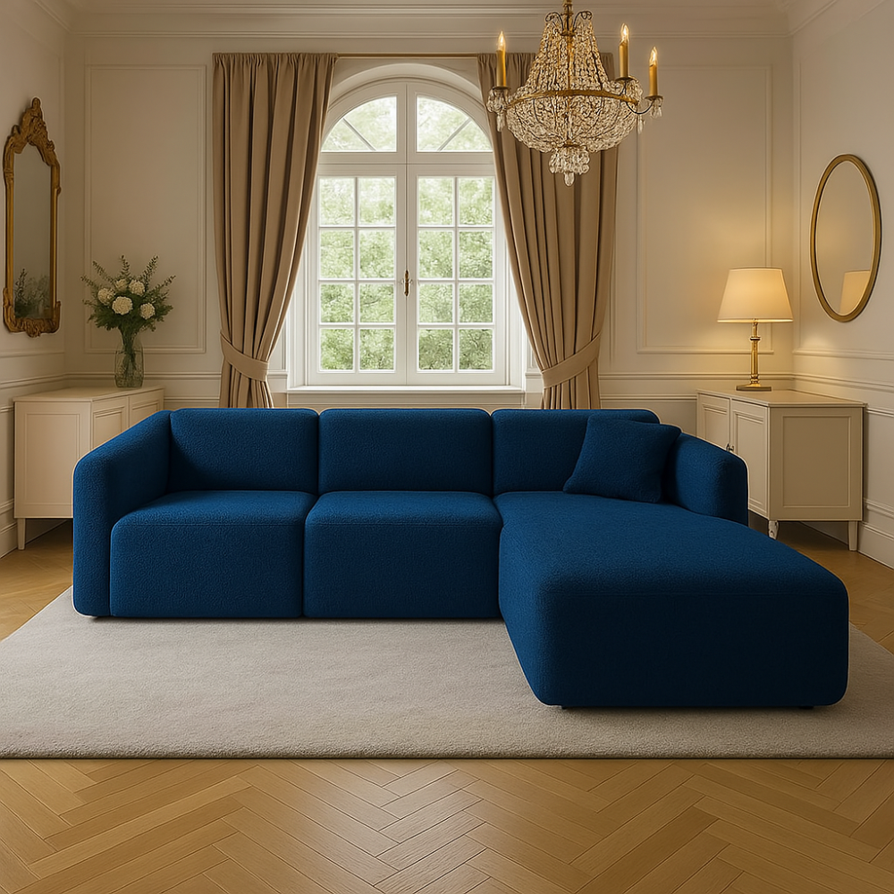 Granatowy narożnik modułowy do niedużego salonu