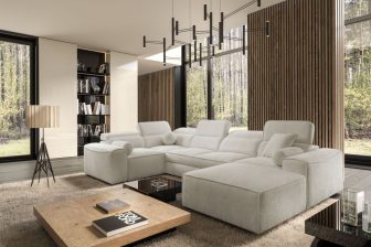 Beżowy narożnik podkowa z funkcją spania