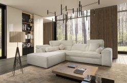 Jasny narożnik do salonu z funkcją spania z zagłówkami