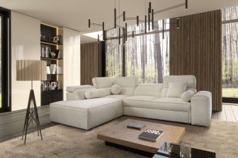 Jasny narożnik do salonu z funkcją spania z zagłówkami