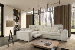 Jasna kanapa narożna z podnóżkiem elektrycznym