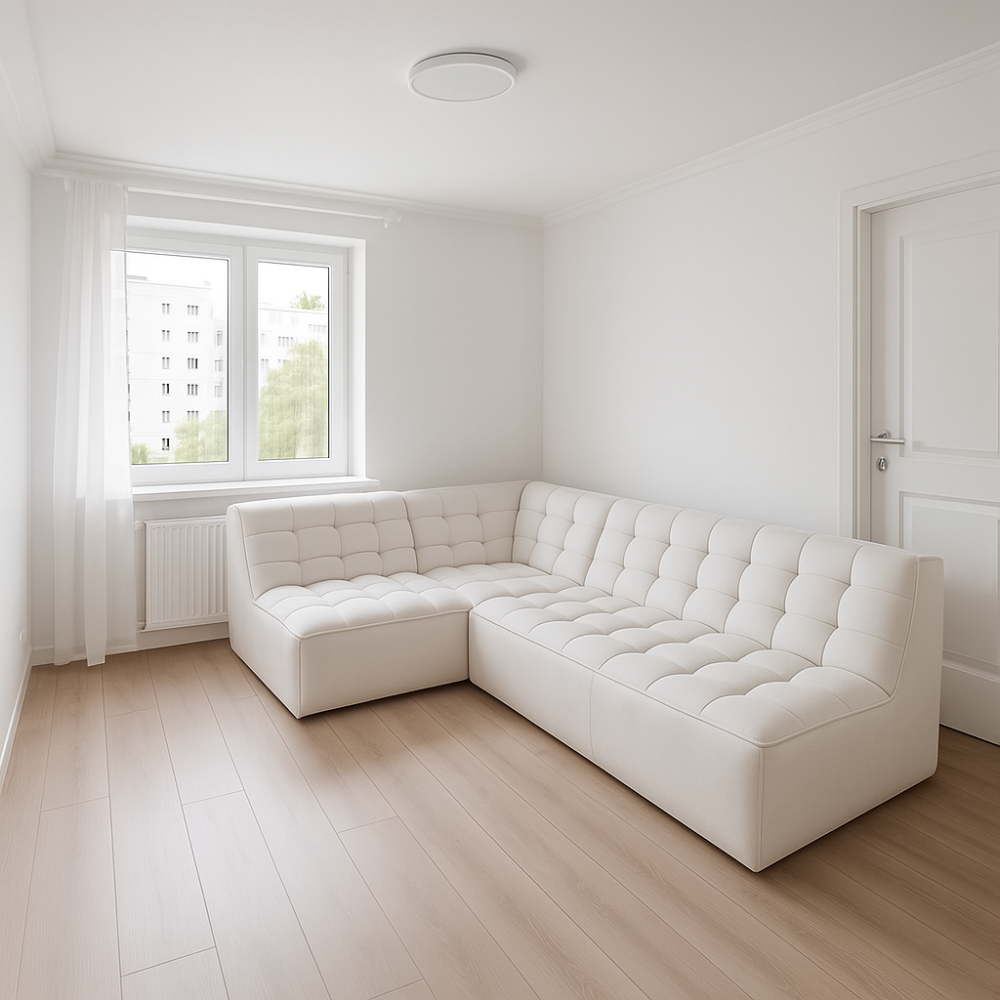 Piękna kanapa rogowa do wypoczynku w tkaninie plamoodpornej