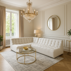 Jasna kanapa rogowa w salonie glamour