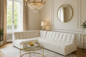 Jasna kanapa rogowa w salonie glamour
