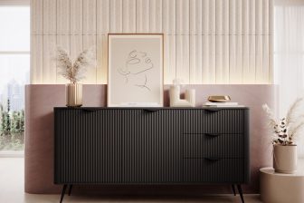 Półokrągła komoda czarna na nóżkach szafki i szuflady