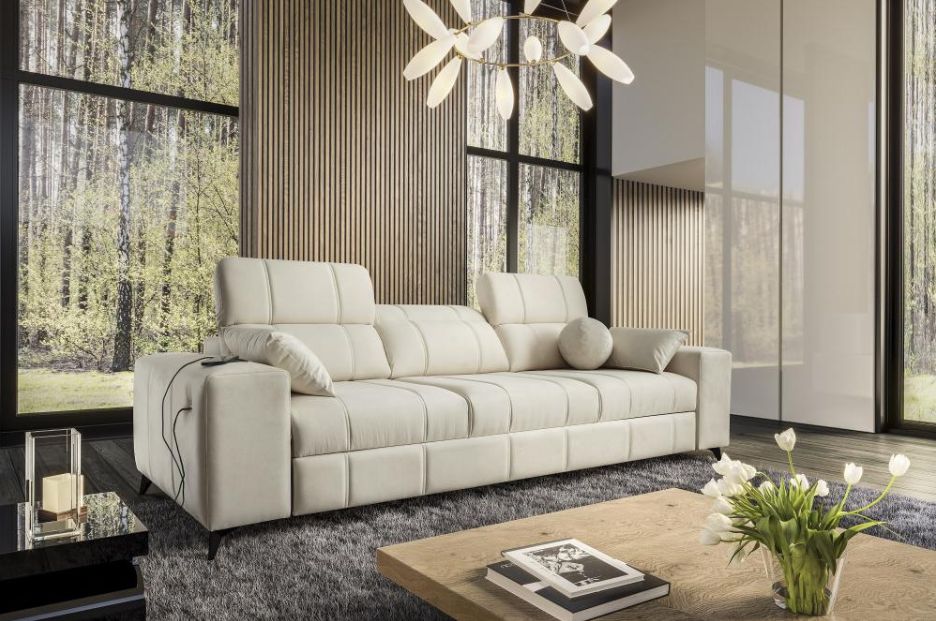 Cudowna sofa rozkładana do spania codziennego z gniazdem USB i z zagłówkami