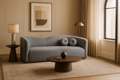 Szara mała sofa półokrągła do salonu