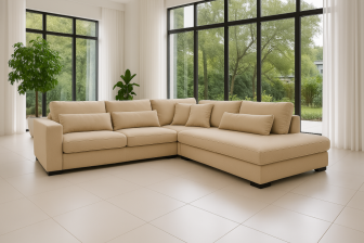 Jasna sofa rogowa do salonu z funkcją spania