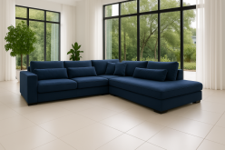 Granatowa sofa rogowa do salonu i spania