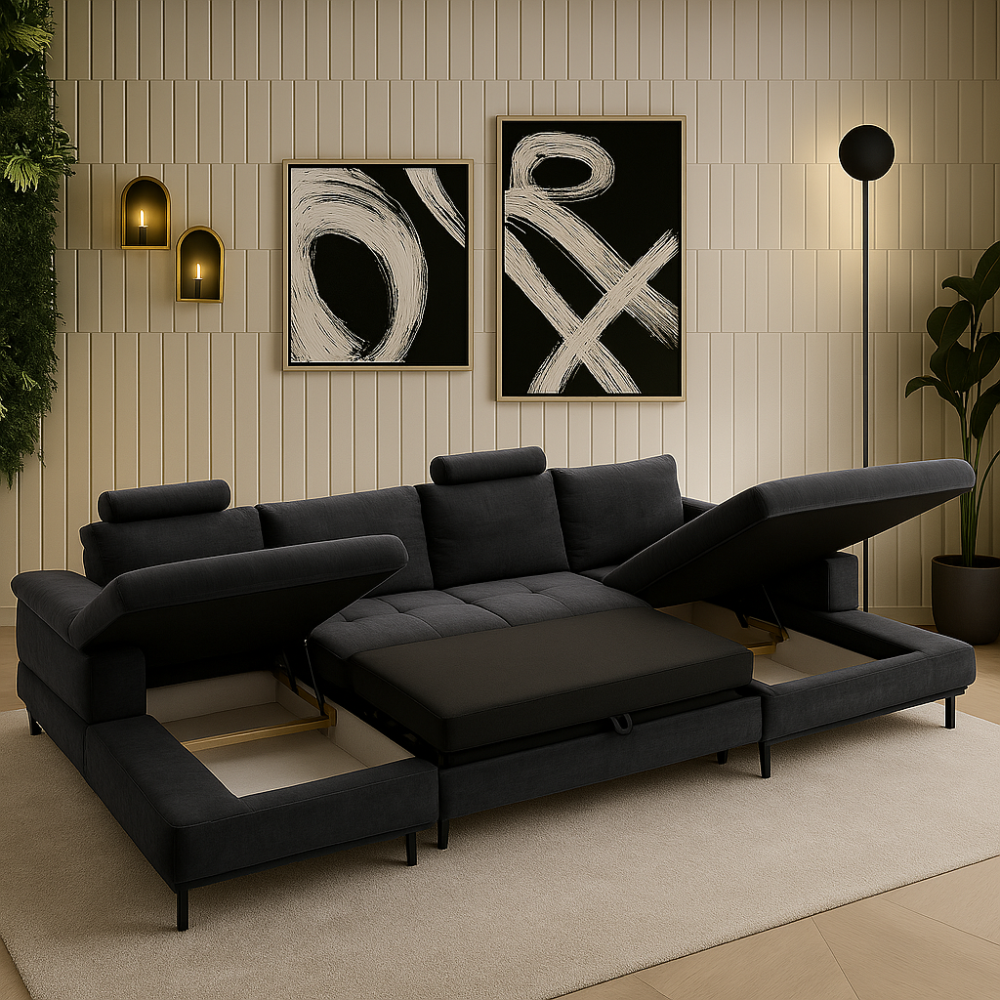 Wygodna sofa rogowa w kształcie U z funkcją spania z dwoma pojemnikami