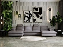 Szara sofa rogowa w kształcie U z funkcją spania