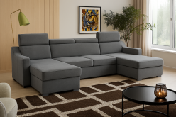 Szary niedrogi narożnik U z funkcją spania z zagłówkami