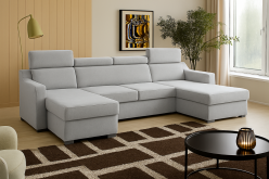 Jasny niedrogi narożnik U z funkcją spania z zagłówkami