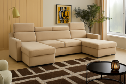 Beżowy niedrogi narożnik U z funkcją spania z zagłówkami