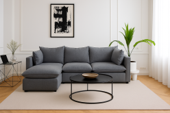 Szara sofa narożna modułowa z bardzo miękkim siedziskiem