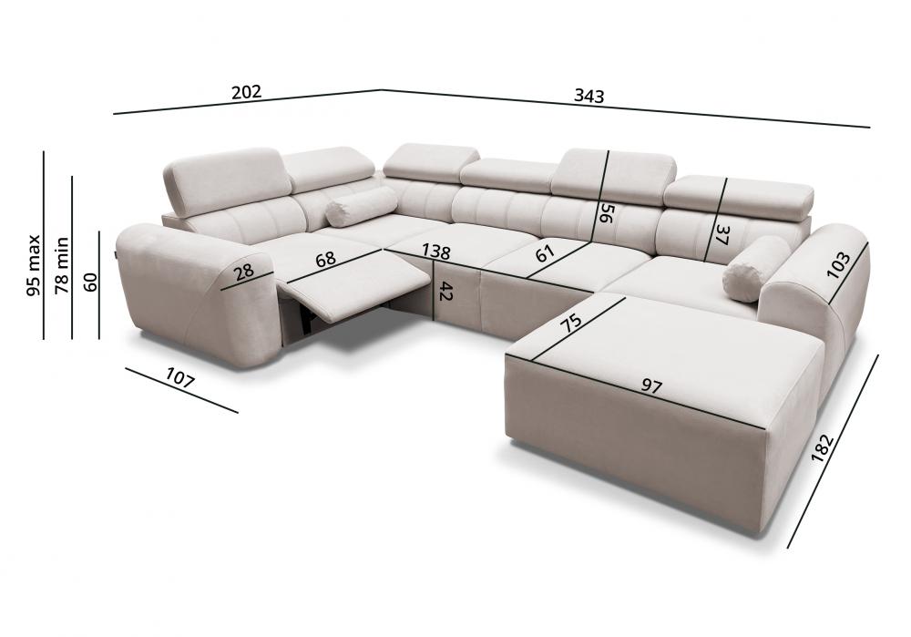Asymetryczny narożnik U z elektrycznie rozkładanym podnóżkiem z funkcją spania AMADEUSZ 4 MIX 5