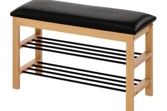 Drewniany stojak na buty z siedziskiem z ekoskóry