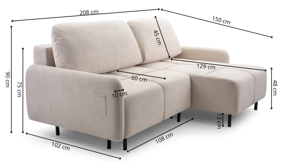 Mały narożnik na nogach z funkcją spania TOKYO 13