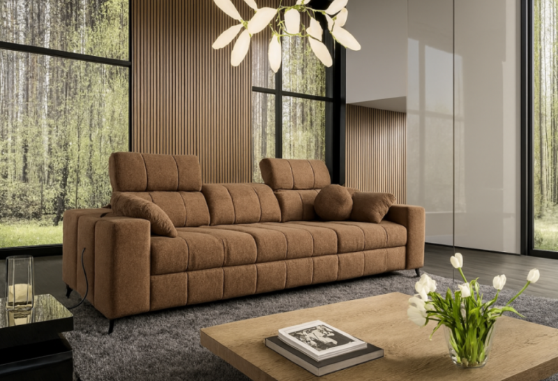 Viralowe mieszkanie - salon z kanapą rozkładana