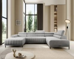 Nowoczesny narożnik w kształcie literty U z zagłówkami i funkcją spania