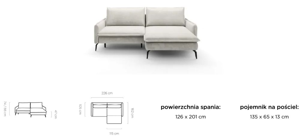 Narożnik z funkcją spania z wąskimi bokami i szeroką otomaną GRAVITO 5