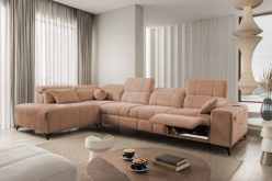 CIemnobeżowy narożnik z elektrycznymi gadżetami i z funkcją spania