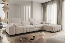 beżowy długi narożnik do salonu z funkcją spania