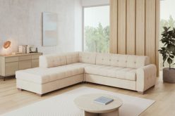 Beżowy narożnik ze stałym oparciem z funkcją spania