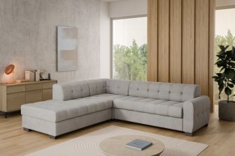 Szary narożnik ze stałym oparciem rozkładany do spania