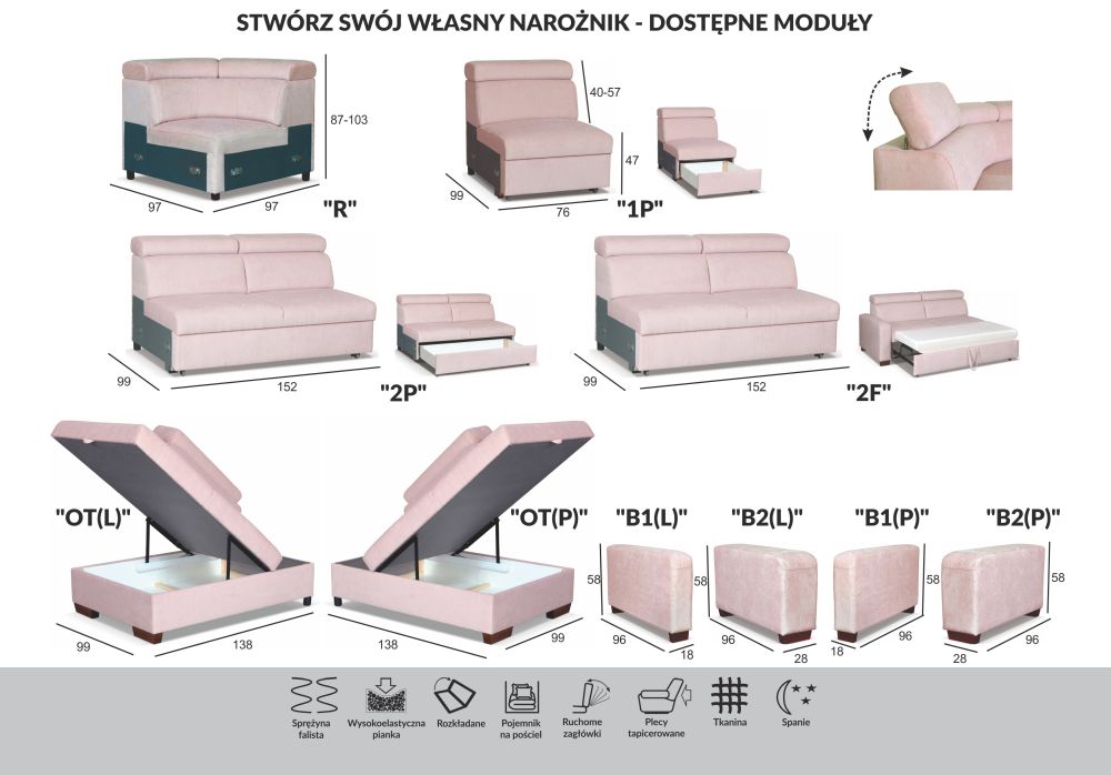 Narożnik U z zaokrąglonymi rogami z funkcją spania DIAMANTE 10 2